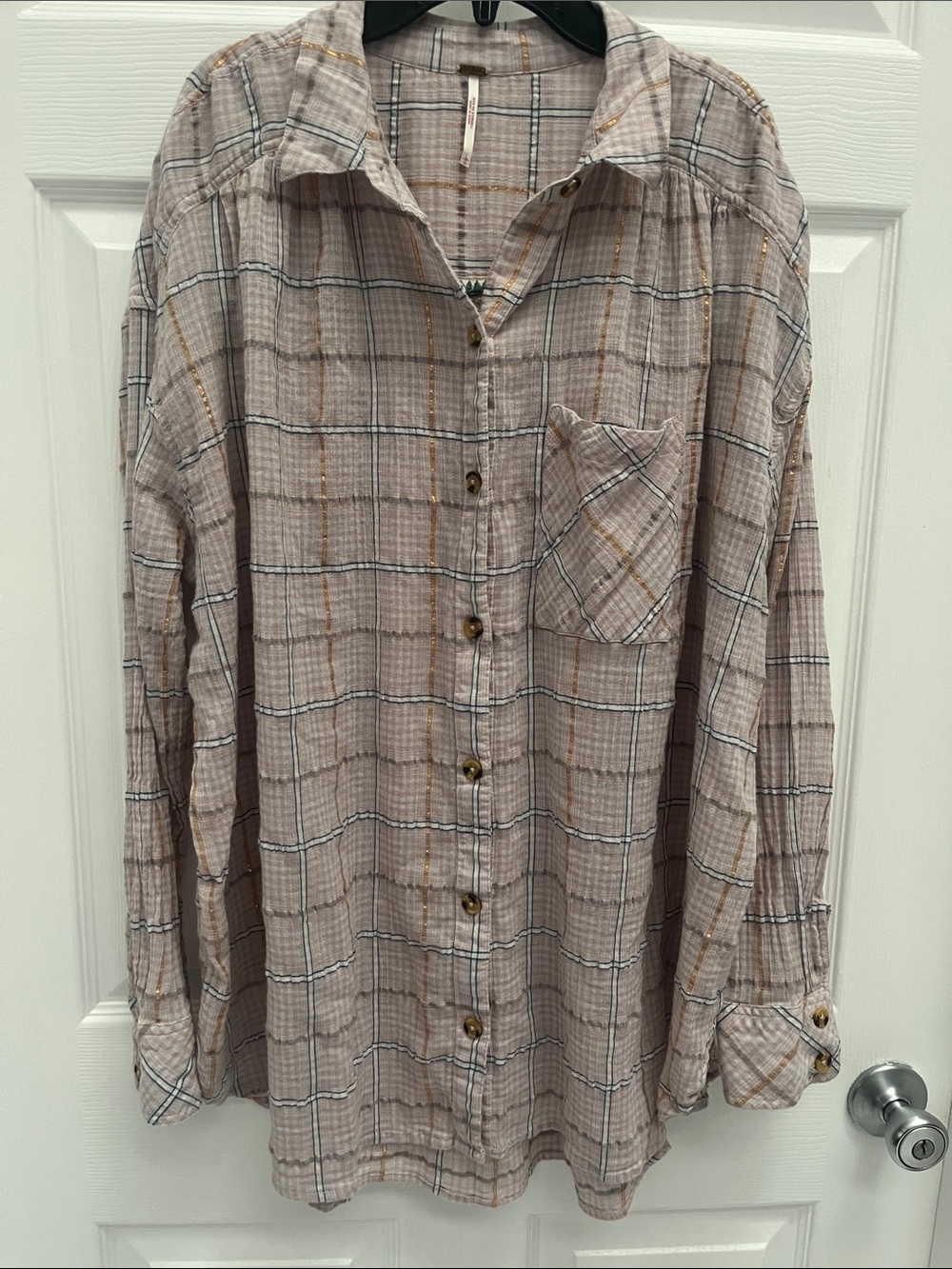 Free People Beige Plaid Button-Down Shirt with Subtle Gold Threading